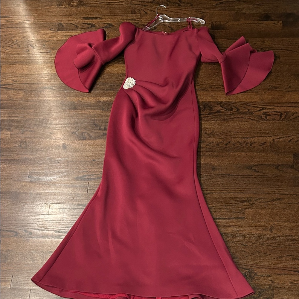 Jovani Red Long Sleeve Off-Shoulder Gown with Ruffle Cuffs